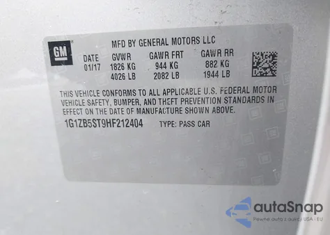 2017 Chevrolet Malibu Ls из США, поврежденный, VIN 1G1ZB5ST9HF212404